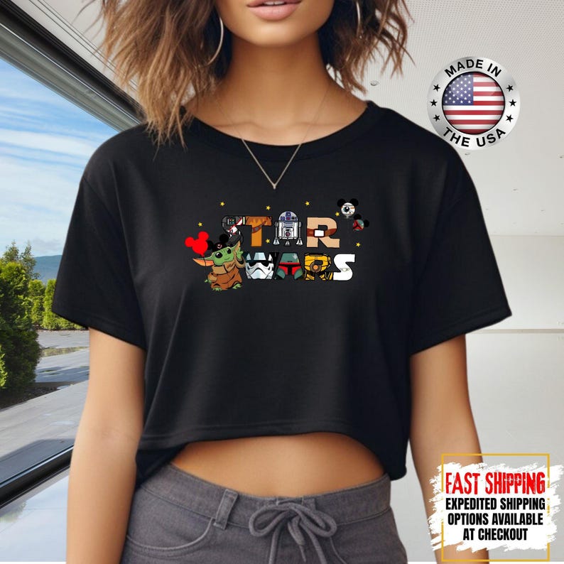 Top corto Disney Star Wars, camiseta corta Mandalorian, top corto Galaxy's Edge, Darth Vader, Chewbacca, Star Jedi, top corto Luke Skywalker imagen 11