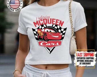 Retro Coquette Bows Disney Cars Crop Top, Lightning McQueen Mater Doc Hudson Sally Carrera Birthday Cars Family Crop Top, Disney Girl Trip