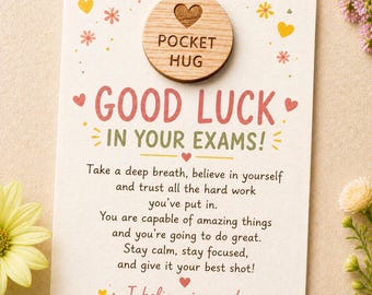 Wooden Pocket Hug Token, Good Luck Exam Keepsake Card, Student Revision Motivation