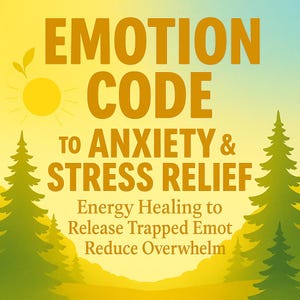 Puede incluir: Gráfico con las palabras "EMOTION CODE" en letras doradas grandes. Debajo, se lee "TO ANXIETY & STRESS RELIEF". La imagen incluye un sol y pinos, con el texto "Energy Healing to Release Trapped Emot Reduce Overwhelm."