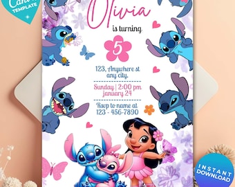 Editable Angel & Stitch Birthday Invitation, Printable Template, Lilo and Stitch birthday Party Invite, Canva Template, Instant Download
