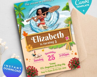 Editable Moana Birthday Invitation Girl | Baby Moana Digital Invite | Hawaiian Invite Template | Instant Download | Canva Template