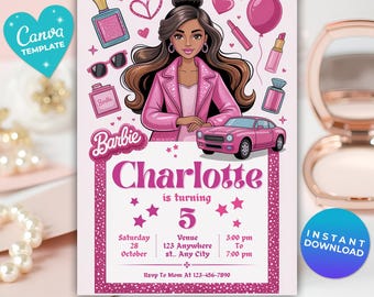 Black Fashion Doll Birthday Invitation | Pink Glitter Party for Girls | Black Doll Birthday Template | Instant Download | Canva Template