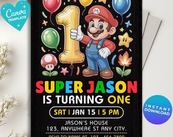 Invitación editable de Super Mario para primer cumpleaños, invitación de cumpleaños de Mario Bros., invitaciones imprimibles para fiesta de cumpleaños, plantilla digital para fiesta de cumpleaños