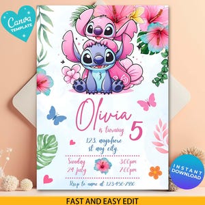 Pode incluir: Um modelo de convite de aniversário com uma ilustração de desenho animado de Stitch e Angel. O convite é azul claro e branco com detalhes florais rosa, borboletas e o nome "Olivia" em rosa. Inclui detalhes do evento e o texto "FAST AND EASY EDIT".