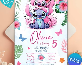 Editable Angel & Stitch Birthday Invitation, Printable Template, Cute Stitch Party Invite, Stitch Theme, Canva Template, Instant Download