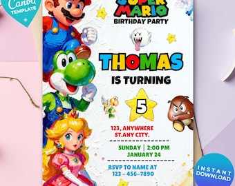 Super Mario Birthday Invitation, Editable Mario Watercolor Invite, Canva Template, Boys Gaming Party card, Watercolor Mario birthday invite