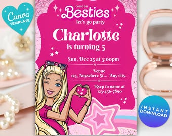 Editable fashion doll birthday Invitation | Fashion Doll Birthday Party Template | Pink Glitter Party | Instant Download | Canva Template