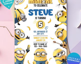 Invitación de cumpleaños editable de los adorables Minions amarillos / Invitación de cumpleaños de Minions / Fiesta con adorables personajes amarillos / Plantilla de Canva / Descarga instantánea