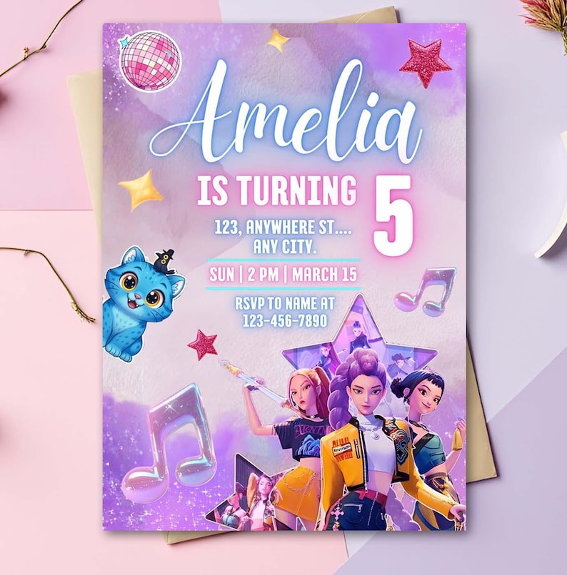 May include: A birthday party invitation with the name "Amelia" in a cursive font. The invitation includes the text "IS TURNING 5", event details, and a phone number. The design features illustrations of a cat, stars, and musical notes.