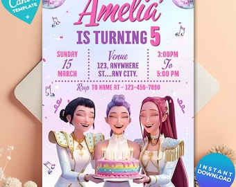 Invitación de cumpleaños de cazadores de demonios K-pop, plantilla de cumpleaños K-pop, invitación de anime K-pop, descarga digital, tarjeta imprimible para niños