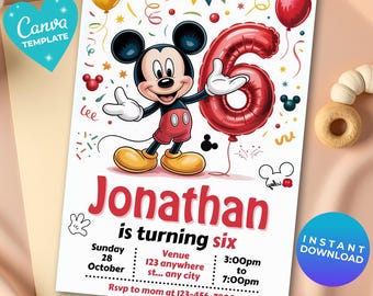 Mickey Mouse 6th Birthday Invitation, Editable Digital Mickey Invite, Red Black Mickey Theme, Kids bday Party Canva card, Cute mickey mouse