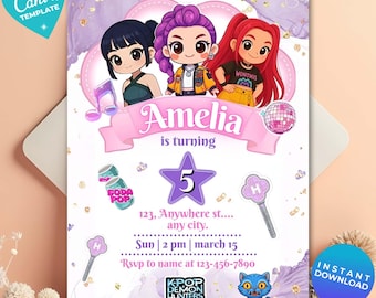 K-pop Demon Hunters Birthday Invitation, K-pop Birthday Template, Kpop Anime Invite, Digital Download, Printable Card for Kids