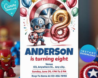 Editable Captain America 8th Birthday Invitation | Canva Template | digital instant download | Avengers Superhero Birthday