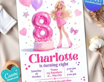 Editable fashion doll 8th birthday Invitation | Fashion Doll Birthday Template | Pink Glitter Party | Instant Download | Canva Template