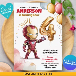 Invitación de Iron Man para el 4.º cumpleaños / Invitación editable para fiesta de superhéroes / Descarga digital temática de Marvel / Plantilla de Canva / Descarga instantánea imagen 1