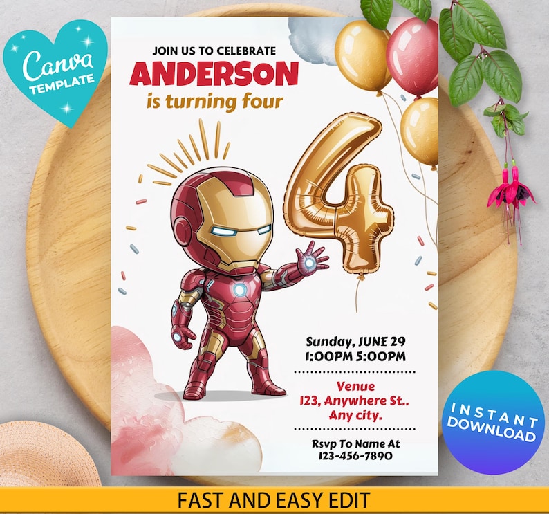 Invitación de Iron Man para el 4.º cumpleaños / Invitación editable para fiesta de superhéroes / Descarga digital temática de Marvel / Plantilla de Canva / Descarga instantánea imagen 1