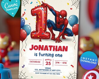 Editable Spiderman 1st Birthday Invitation | Marvel Superhero Party Invite | Avengers Invitation | Instant Download | Canva Template