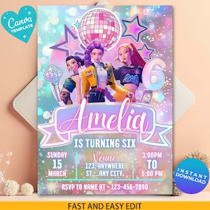 Puede incluir: Una invitaci&oacute;n digital para una fiesta de sexto cumplea&ntilde;os. El dise&ntilde;o presenta tres figuras animadas, una bola de discoteca y estrellas. La invitaci&oacute;n incluye el nombre "Amelia", la fecha, la hora y la informaci&oacute;n de RSVP. La plantilla de Canva est&aacute; disponible para descarga instant&aacute;nea.
