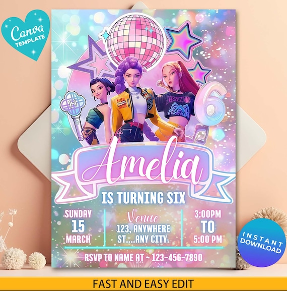 K-pop Demon Hunters Birthday Invitation, K-pop Birthday Template, Kpop Anime Invite, Digital Download, Printable Card for Kids