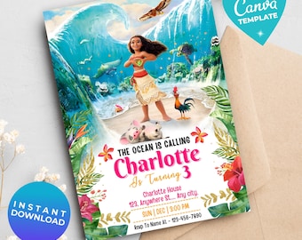 Bearbeitbar Moana Geburtstagseinladung Mädchen | Baby Vaiana Digitale Einladung | Hawaiianische Einladungsvorlage | Sofortdownload | Canva Vorlage