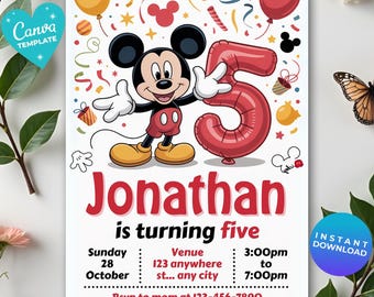 Mickey Mouse 5th Birthday Invitation, Editable Digital Mickey Invite, Red Black Mickey Theme, Kids bday Party Canva card, Cute mickey mouse