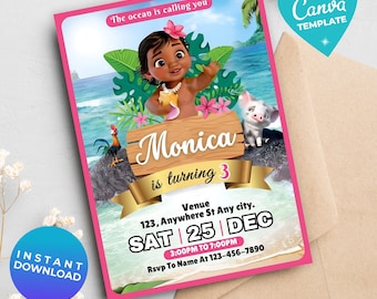 Editable Moana Birthday Invitation Girl | Baby Moana Digital Invite | Hawaiian Invite Template | Instant Download | Canva Template