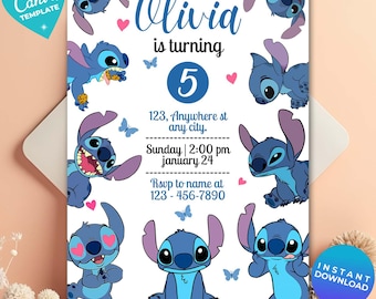 Editable Stitch Birthday Invitation, Editable & Printable Template, Cute Stitch Party Invite, Stitch Theme, Canva Template, Instant Download