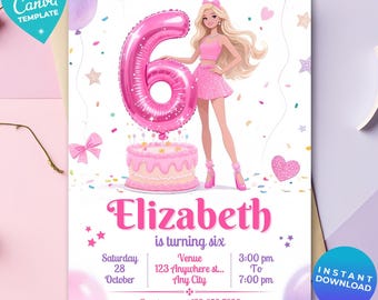 Editable fashion doll 6th birthday Invitation | Fashion Doll Birthday Template | Pink Glitter Party | Instant Download | Canva Template