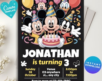 Mickey Mouse Birthday Invitation, Editable Digital Mickey Invite, Red Black Mickey Theme, Kids bday Party Canva card, Cute mickey mouse