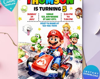 Super Mario Kart-verjaardagsuitnodiging, bewerkbare Mario Race-feestuitnodiging, Canva-sjabloon, jongens Gaming Party-kaart, aquarel Mario Kart-uitnodiging