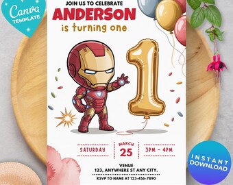 Iron Man 1st Birthday Invitation | Editable Superhero Party Invite | Marvel Theme Digital Download | Canva Template | Instant Download