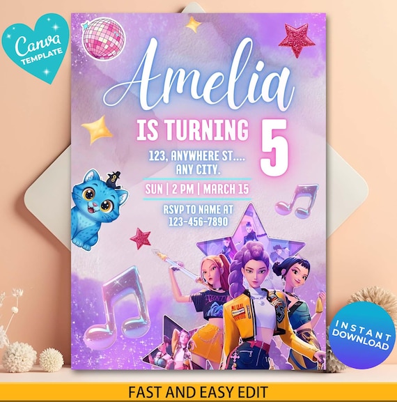 K-pop Demon Hunters Birthday Invitation, K-pop Birthday Template, Kpop Anime Invite, Digital Download, Printable Card for Kids