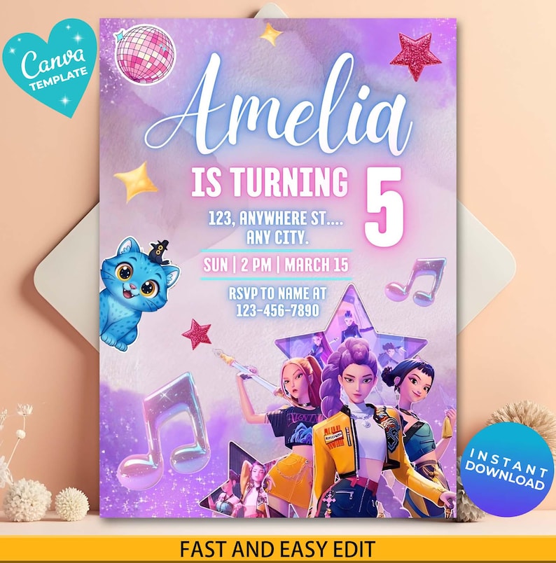 May include: A party invitation with a purple and pink theme. The invitation says "Amelia is turning 5" and includes event details. A cartoon cat and musical notes decorate the design. The Canva template is available for instant download.