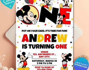 Editable Mickey Mouse Birthday Invitation, Digital Mickey Mouse Template, Red Black Mickey Theme, Oh Twodles Birthday, Canva Template