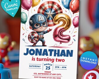 Editable Captain America 2nd Birthday Invitation | Canva Template | digital instant download | Avengers Superhero Birthday