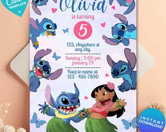 Editable Lilo & Stitch Birthday Invitation, Printable Template, Cute Stitch Party Invite, Stitch Theme, Canva Template, Instant Download