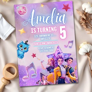 May include: A party invitation with a purple and pink watercolor background. The invitation says "Amelia is turning 5" with event details. A cartoon cat, musical notes, and stars decorate the invitation. The invitation features a group of animated characters.