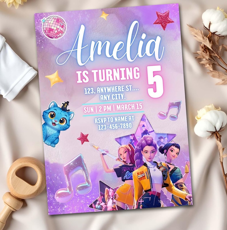 May include: A party invitation with a purple and pink watercolor background. The invitation says "Amelia is turning 5" with event details. A cartoon cat, musical notes, and stars decorate the invitation. The invitation features a group of animated characters.