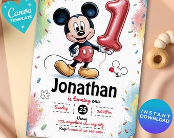Mickey Mouse 1st Birthday Invitation, Editable Digital Mickey Invite, Red Black Mickey Theme, Kids bday Party Canva card, Cute mickey mouse