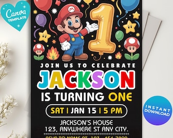 Invitación editable de Super Mario para primer cumpleaños, invitación de cumpleaños de Mario Bros., invitaciones imprimibles para fiesta de cumpleaños, plantilla digital para fiesta de cumpleaños