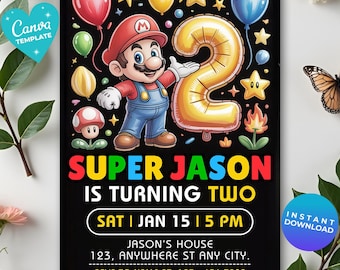 Invitación editable de Super Mario 2.ª edición, invitación de cumpleaños de Mario Bros., invitaciones imprimibles para fiesta de cumpleaños, plantilla digital para fiesta de cumpleaños