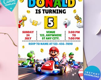 Super Mario Kart Birthday Invitation, Editable Mario Race Party Invite, Canva Template, Boys Gaming Party card, Car Racing Mario kart invite