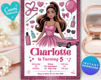 Black Fashion Doll Birthday Invitation | Pink Glitter Party for Girls | Black Doll Birthday Template | Instant Download | Canva Template