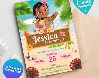 Editable Moana Birthday Invitation Girl | Baby Moana Digital Invite | Hawaiian Invite Template | Instant Download | Canva Template
