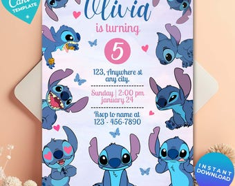 Editable Stitch Birthday Invitation, Editable & Printable Template, Cute Stitch Party Invite, Stitch Theme, Canva Template, Instant Download