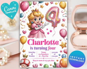 Super Mario Peach 4th Birthday Invitation, Editable Princess Peach Digital Party Invite, Mario & Luigi Girl Canva Card, Peach Girls Invite
