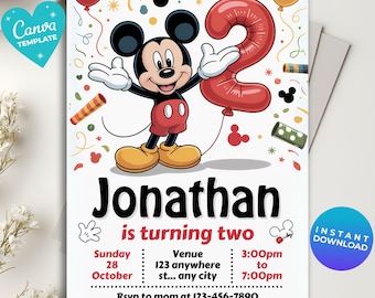 Mickey Mouse 2nd Birthday Invitation, Editable Digital Mickey Invite, Red Black Mickey Theme, Kids bday Party Canva card, Cute mickey mouse
