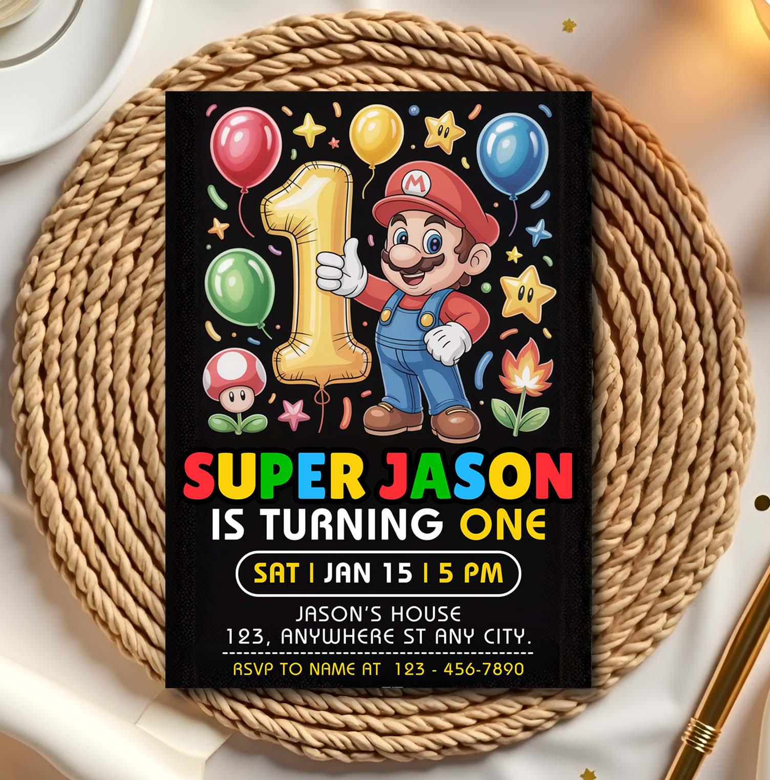 Editable Super Mario 1st Invitation, Mario Bros Birthday Invitation ...