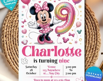 Editable Minnie Mouse 9th Birthday Invitation, Mickey Theme Party Invite, Printable Kids Birthday Card, Personalized Mickey Mouse Party